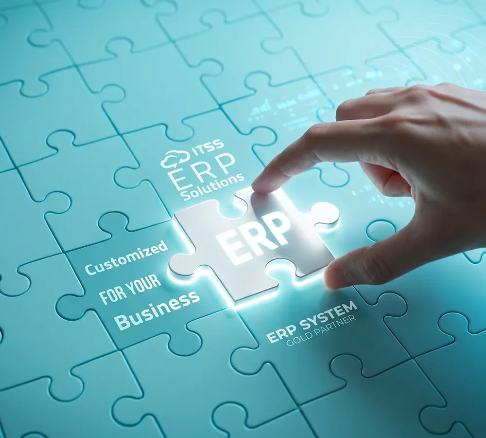 ERP system connecting business operations in a puzzle