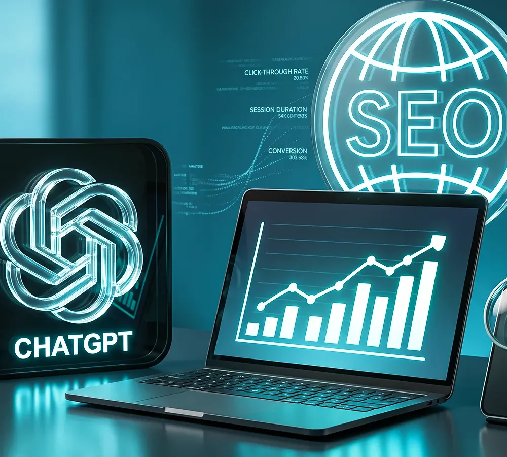 SEO analytics dashboard with a search growth chart