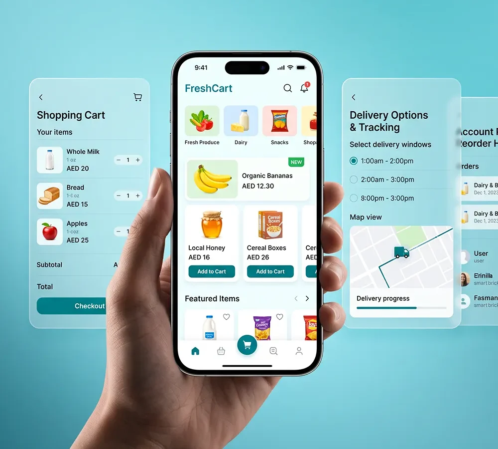 Mobile app interface displayed on smartphone screens